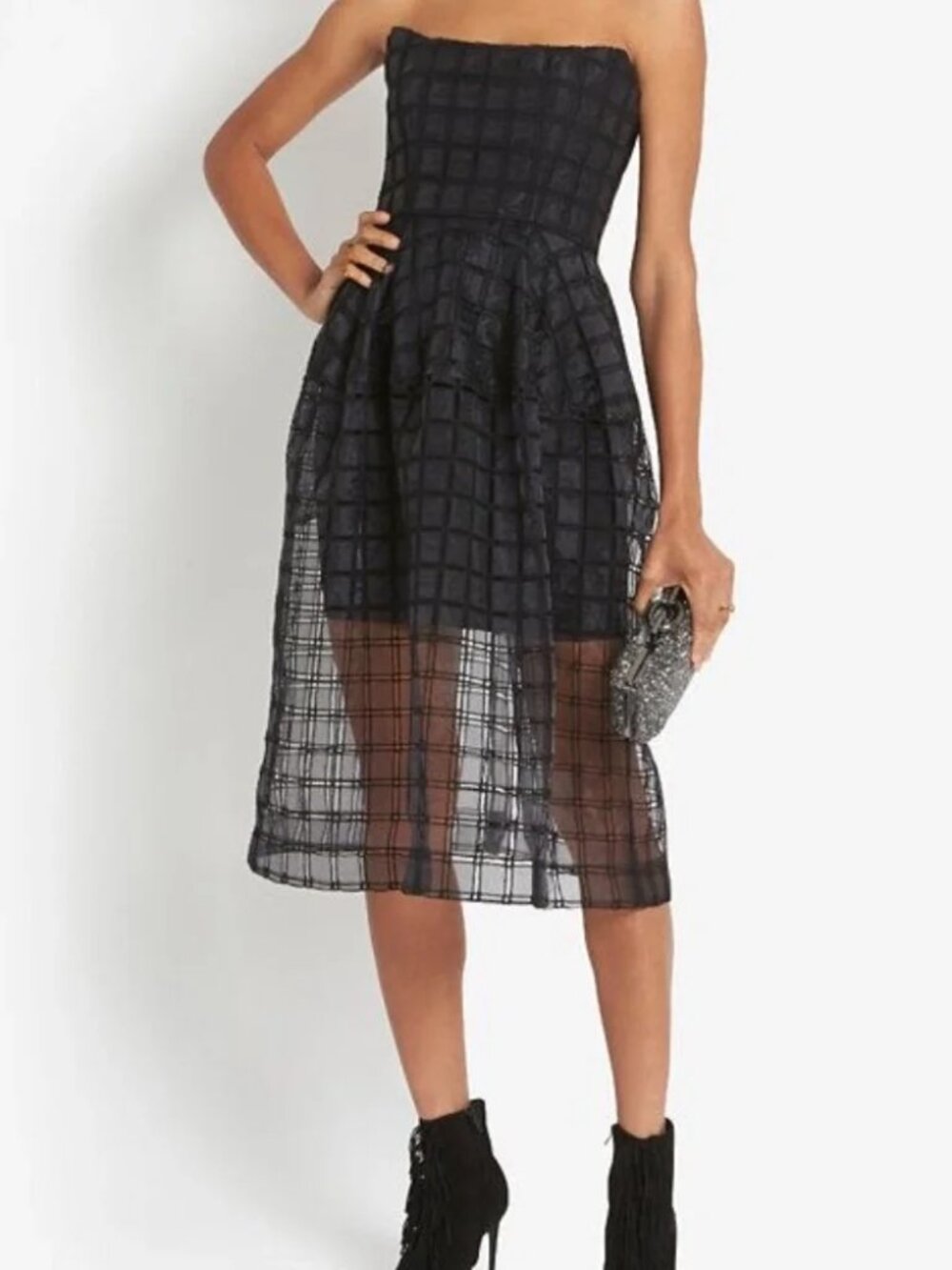 NICHOLAS Black Strapless Grid-Overlay Party Dress